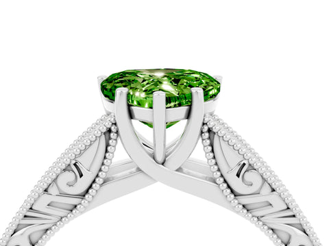 White gold Heart Cut Peridot Solitaire Ring with Engraved Band and Four-Prong Setting_4