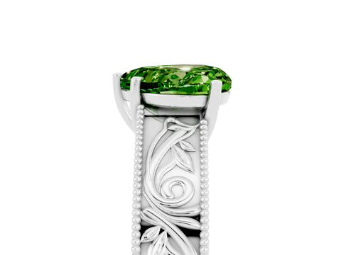 White gold Heart Cut Peridot Solitaire Ring with Engraved Band and Four-Prong Setting_5