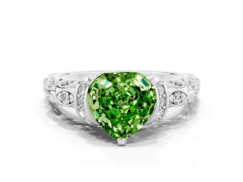 White gold Heart Cut Peridot Solitaire Ring with Filigree Band and Four-Prong Setting_24
