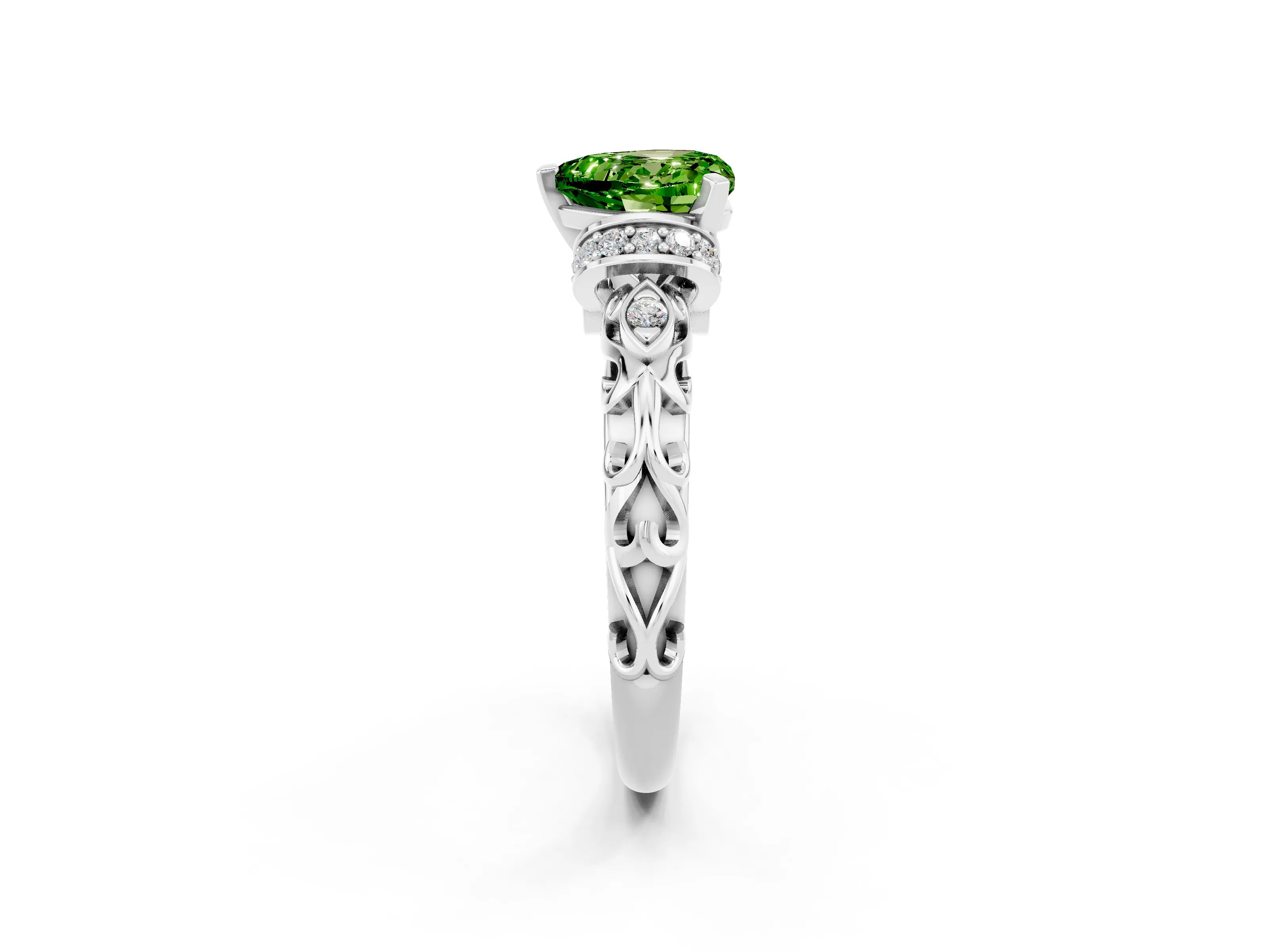 White gold Heart Cut Peridot Solitaire Ring with Filigree Band and Four-Prong Setting_26