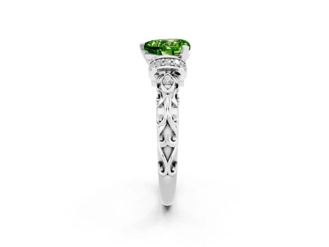 White gold Heart Cut Peridot Solitaire Ring with Filigree Band and Four-Prong Setting_26