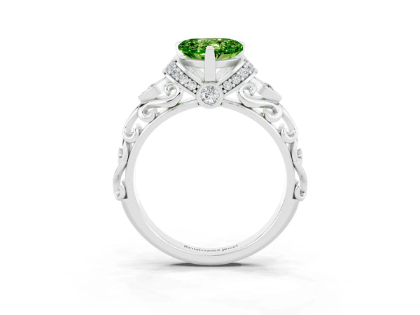 Silver Heart Cut Peridot Solitaire Ring with Filigree Band and Four-Prong Setting