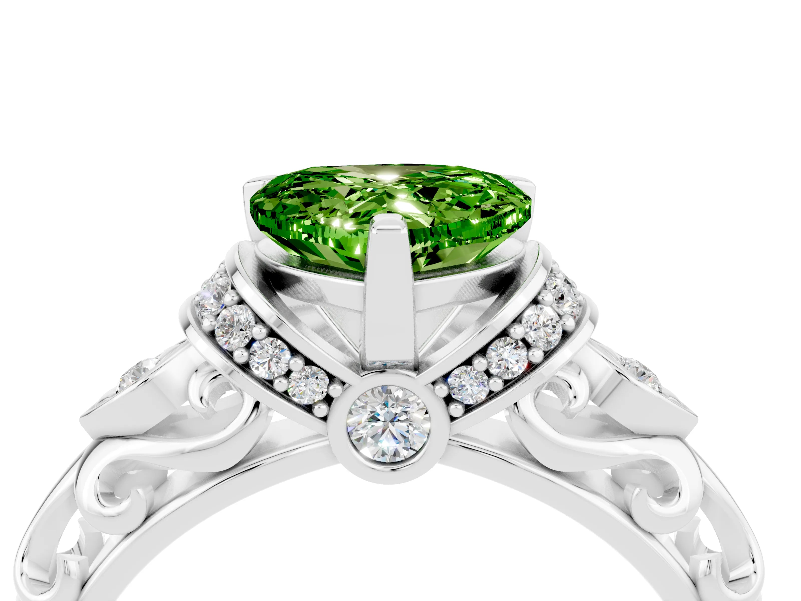 White gold Heart Cut Peridot Solitaire Ring with Filigree Band and Four-Prong Setting_28