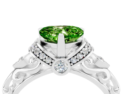 White gold Heart Cut Peridot Solitaire Ring with Filigree Band and Four-Prong Setting_28
