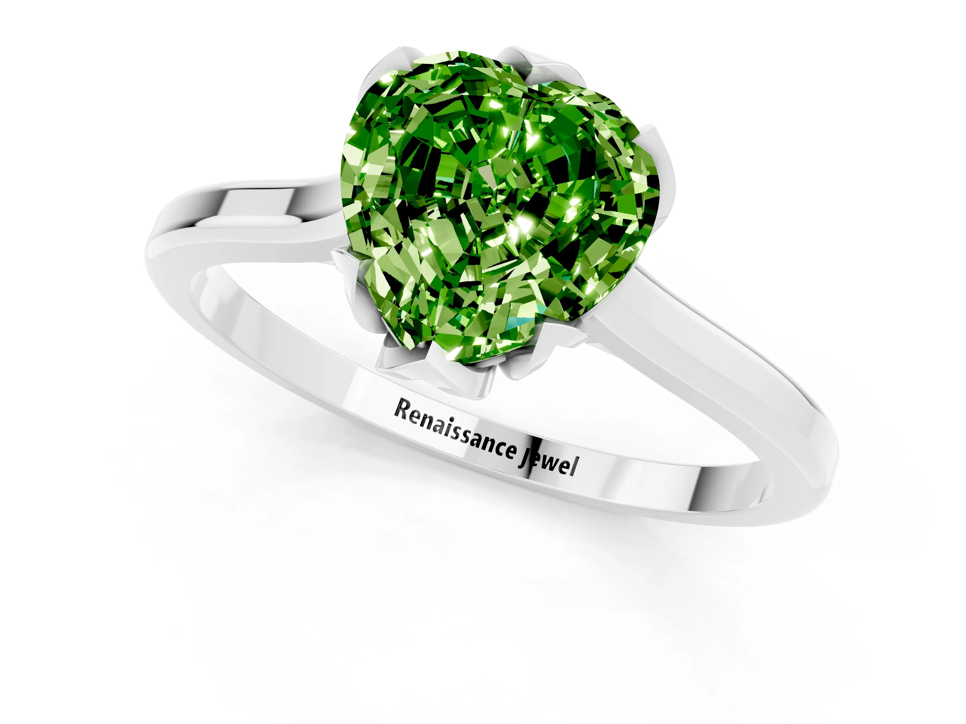 White gold Heart Cut Peridot Solitaire Ring with Flower Prong Setting and Classic Band_13