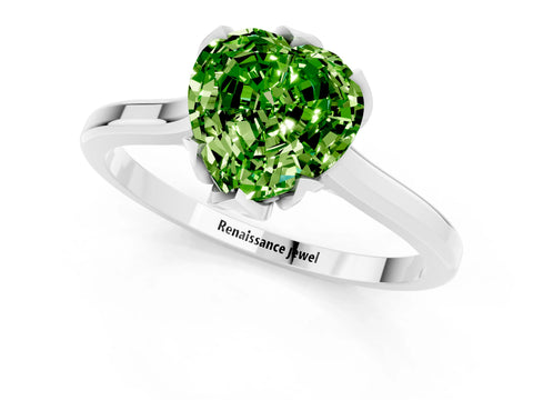 White gold Heart Cut Peridot Solitaire Ring with Flower Prong Setting and Classic Band_13