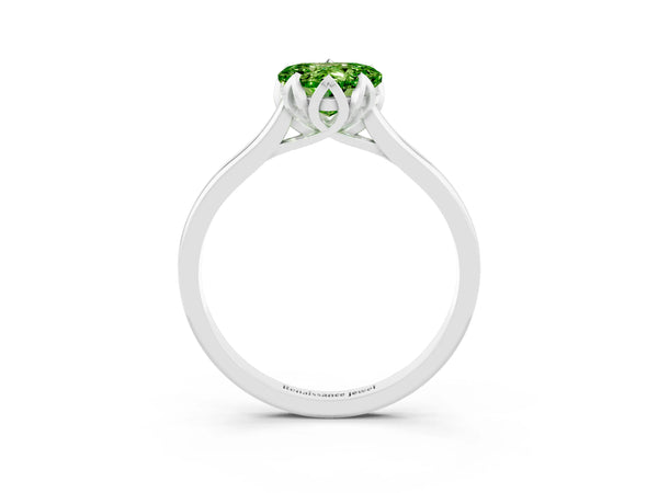 White gold Heart Cut Peridot Solitaire Ring with Flower Prong Setting and Classic Band
