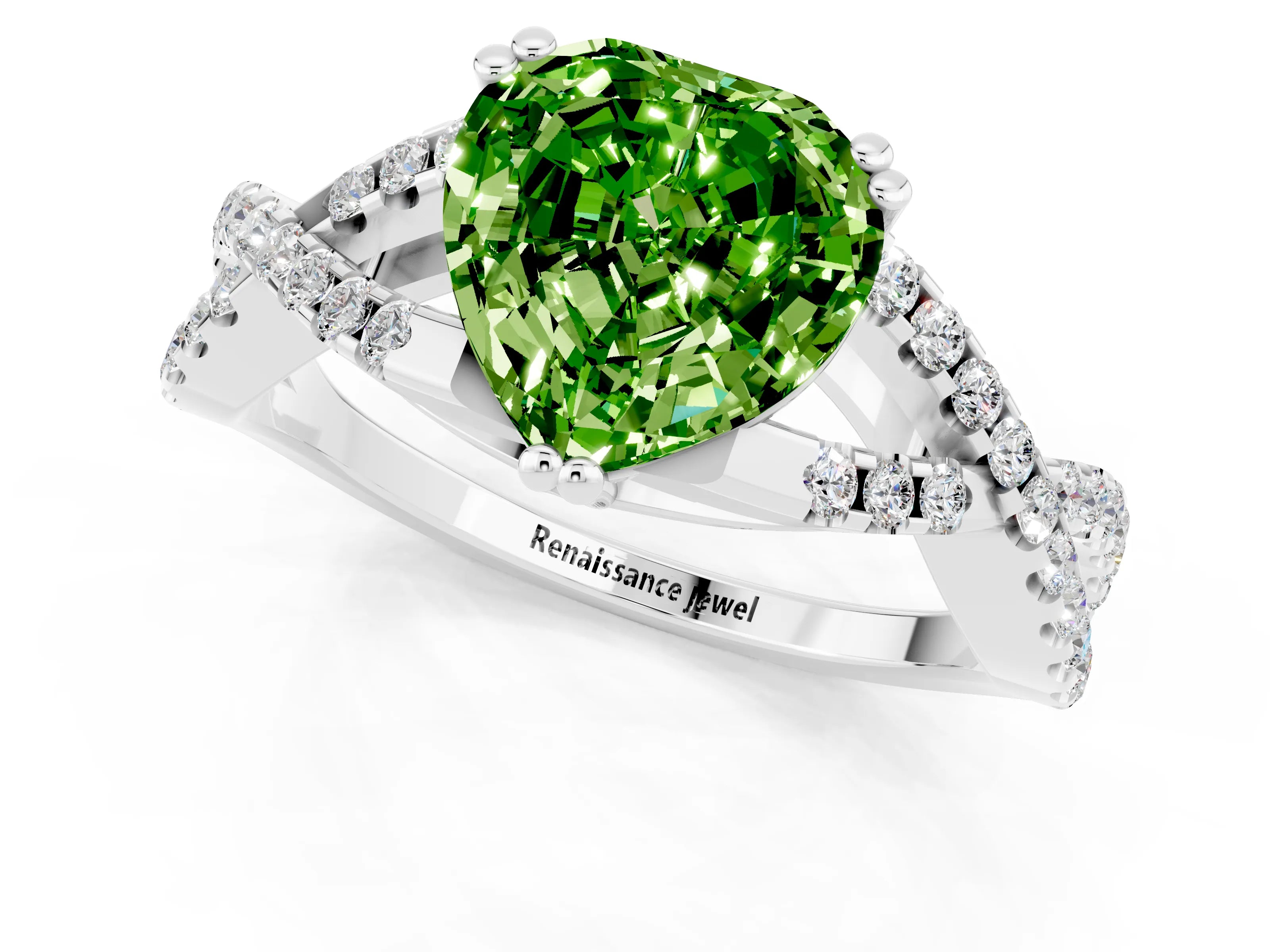 White gold Heart Cut Peridot Solitaire Ring with Four-Prong Setting and Twisted Pavé Band_1