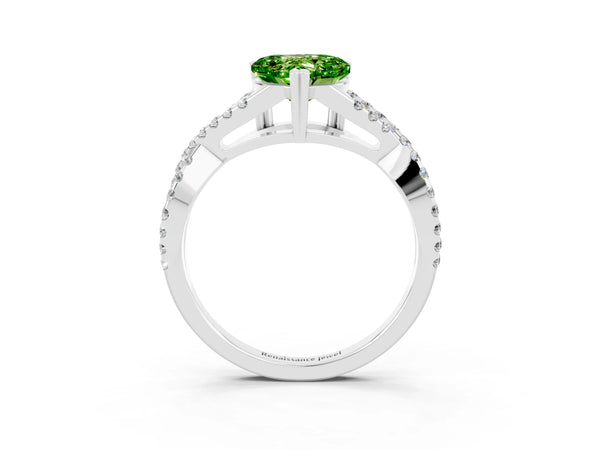 Silver Heart Cut Peridot Solitaire Ring with Four-Prong Setting and Twisted Pavé Band