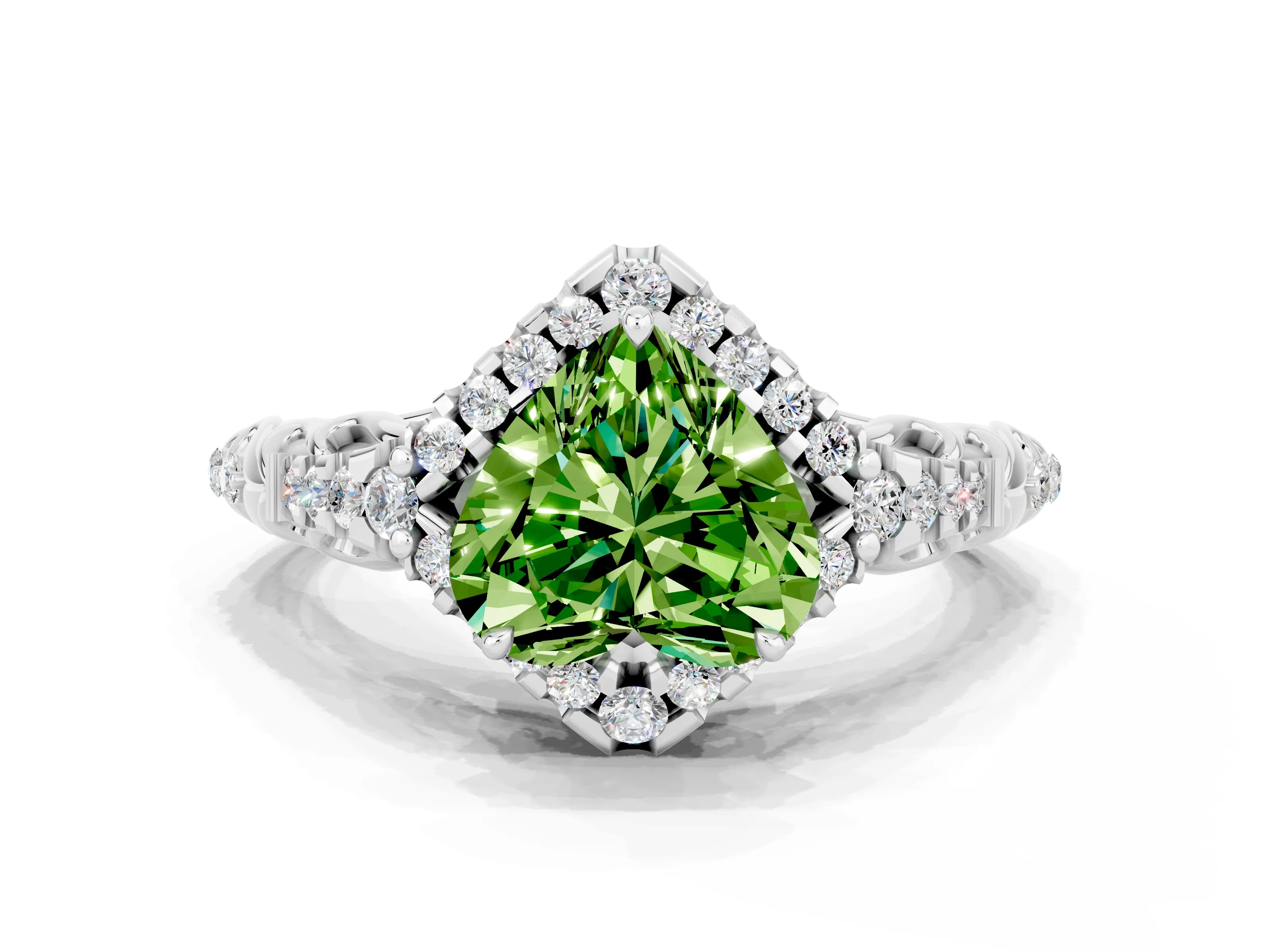 White gold Heart Cut Peridot Solitaire Ring with Hidden Halo and Pavé Band_12