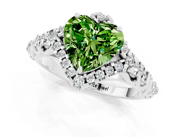 White gold Heart Cut Peridot Solitaire Ring with Hidden Halo and Pavé Band