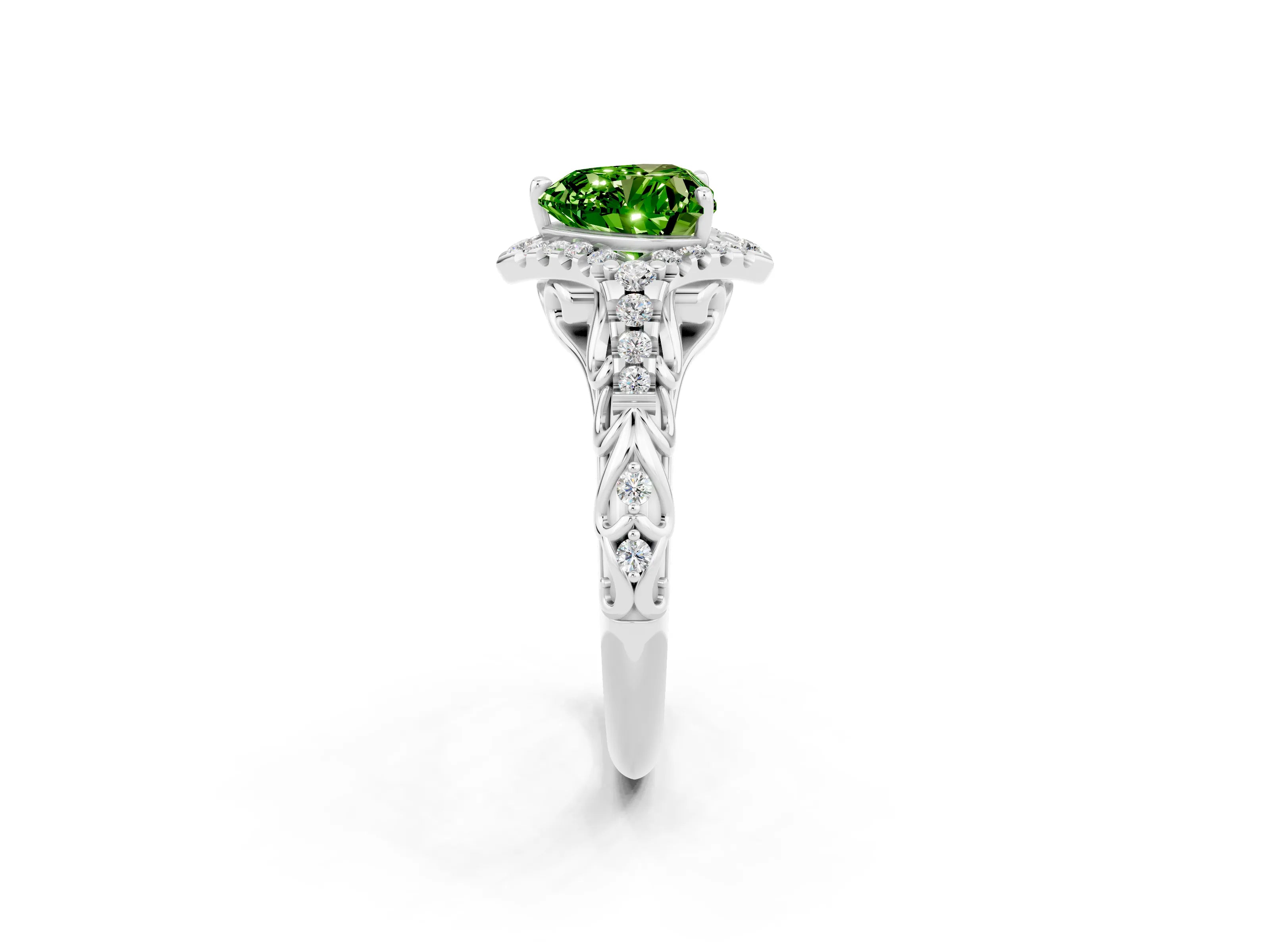 White gold Heart Cut Peridot Solitaire Ring with Hidden Halo and Pavé Band_14