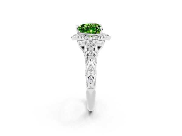 Silver Heart Cut Peridot Solitaire Ring with Hidden Halo and Pavé Band