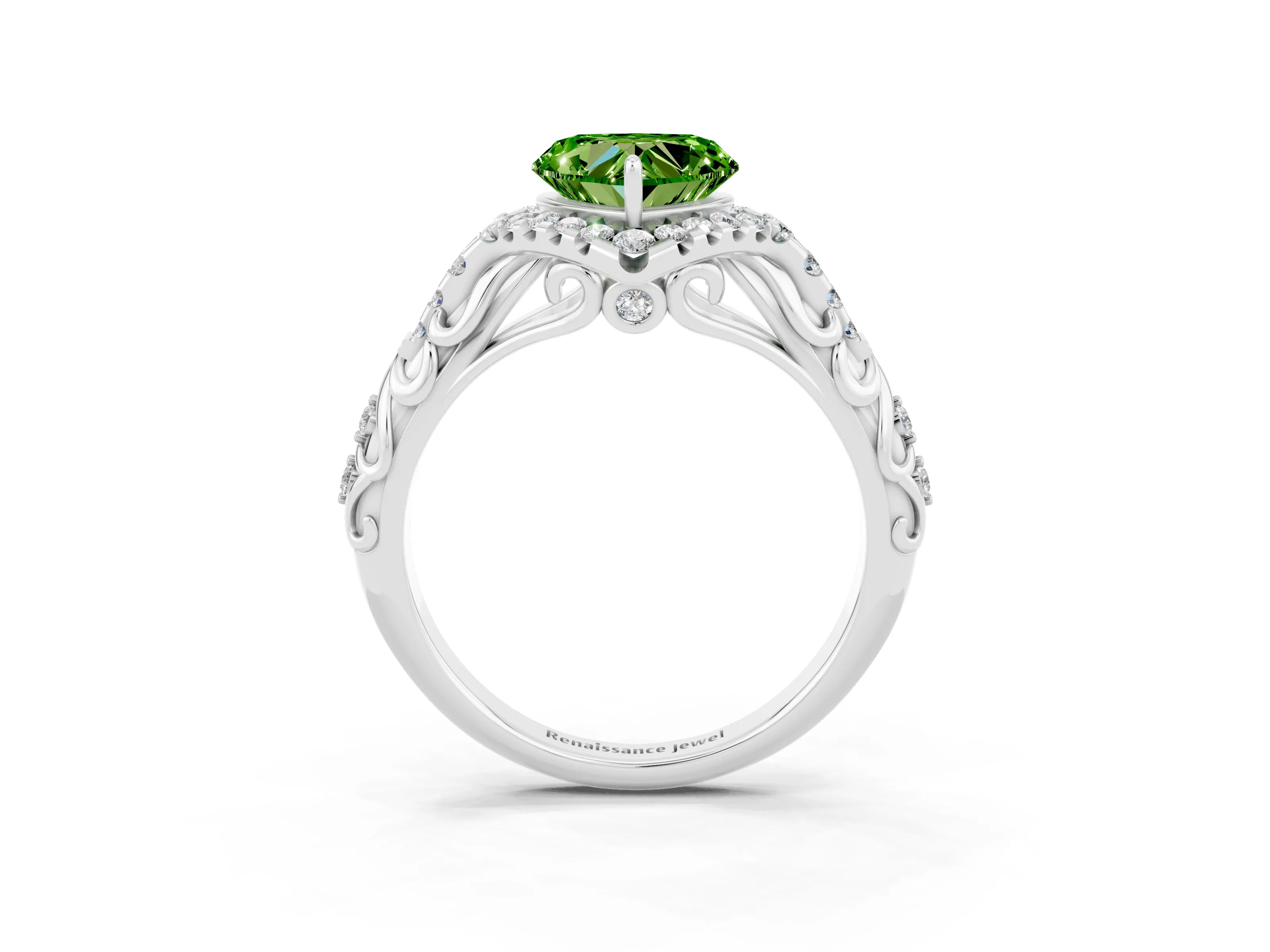 White gold Heart Cut Peridot Solitaire Ring with Hidden Halo and Pavé Band_15