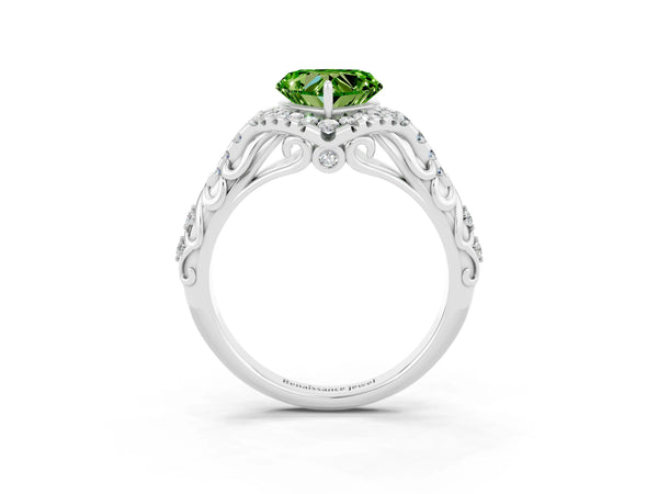 Silver Heart Cut Peridot Solitaire Ring with Hidden Halo and Pavé Band