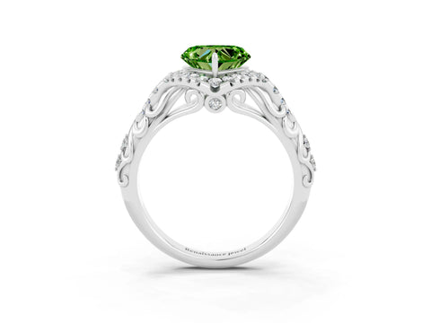 White gold Heart Cut Peridot Solitaire Ring with Hidden Halo and Pavé Band_15