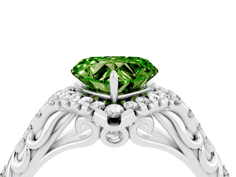White gold Heart Cut Peridot Solitaire Ring with Hidden Halo and Pavé Band_16