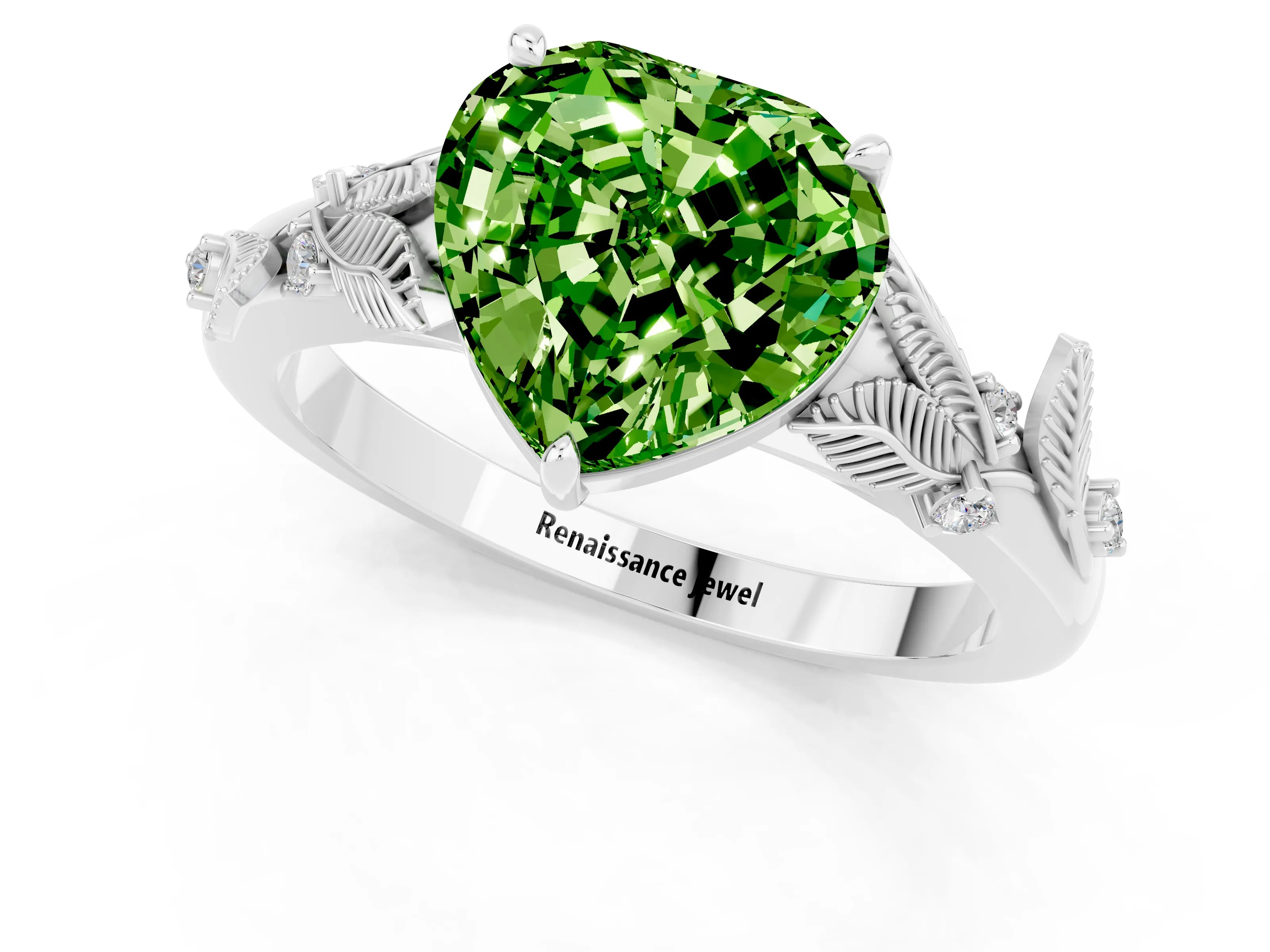 White gold Heart Cut Peridot Solitaire Ring with Leaf Motif Band and Four-Prong Setting_1