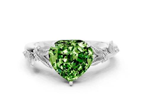 White gold Heart Cut Peridot Solitaire Ring with Leaf Motif Band and Four-Prong Setting_12