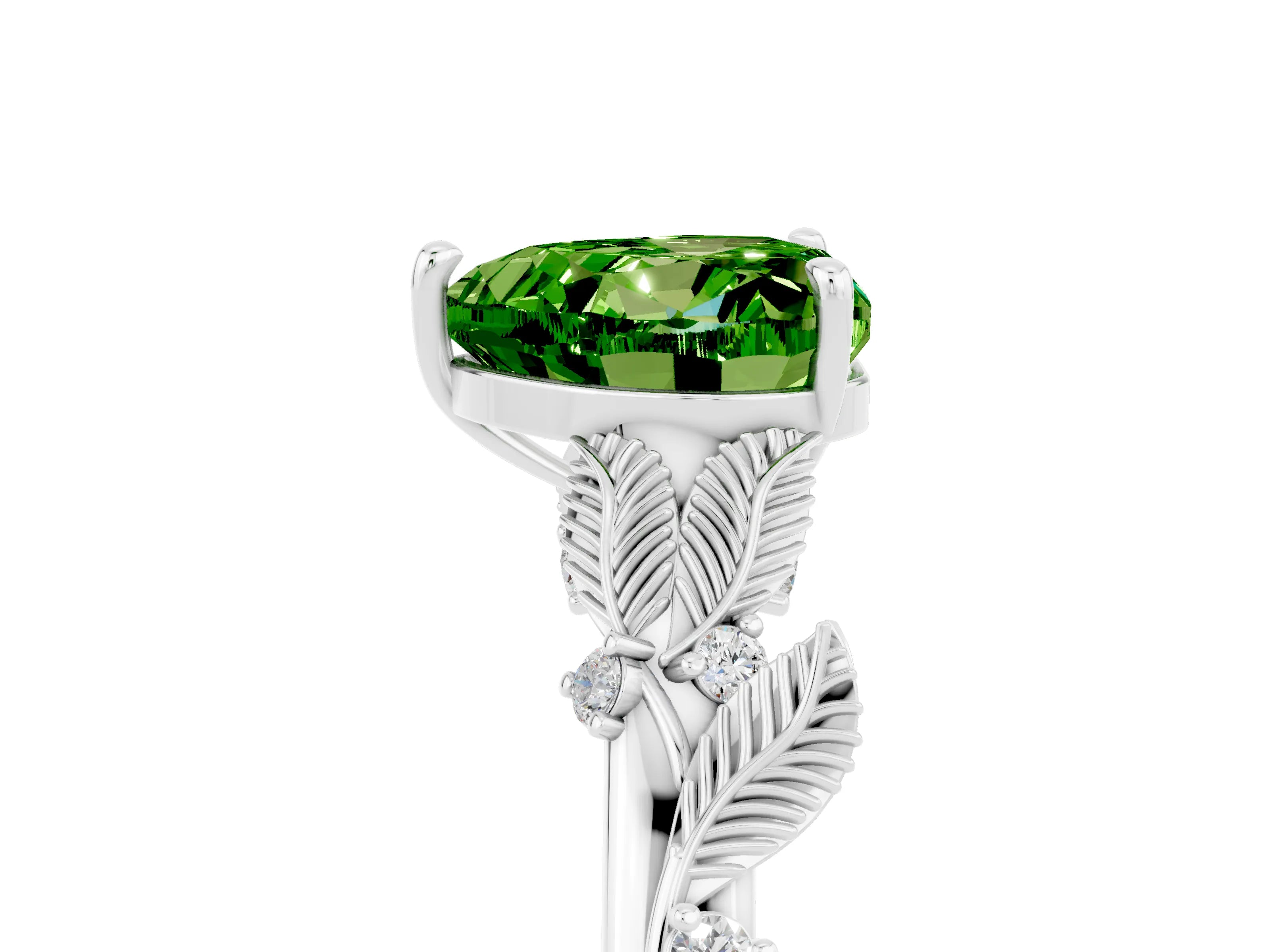 White gold Heart Cut Peridot Solitaire Ring with Leaf Motif Band and Four-Prong Setting_17