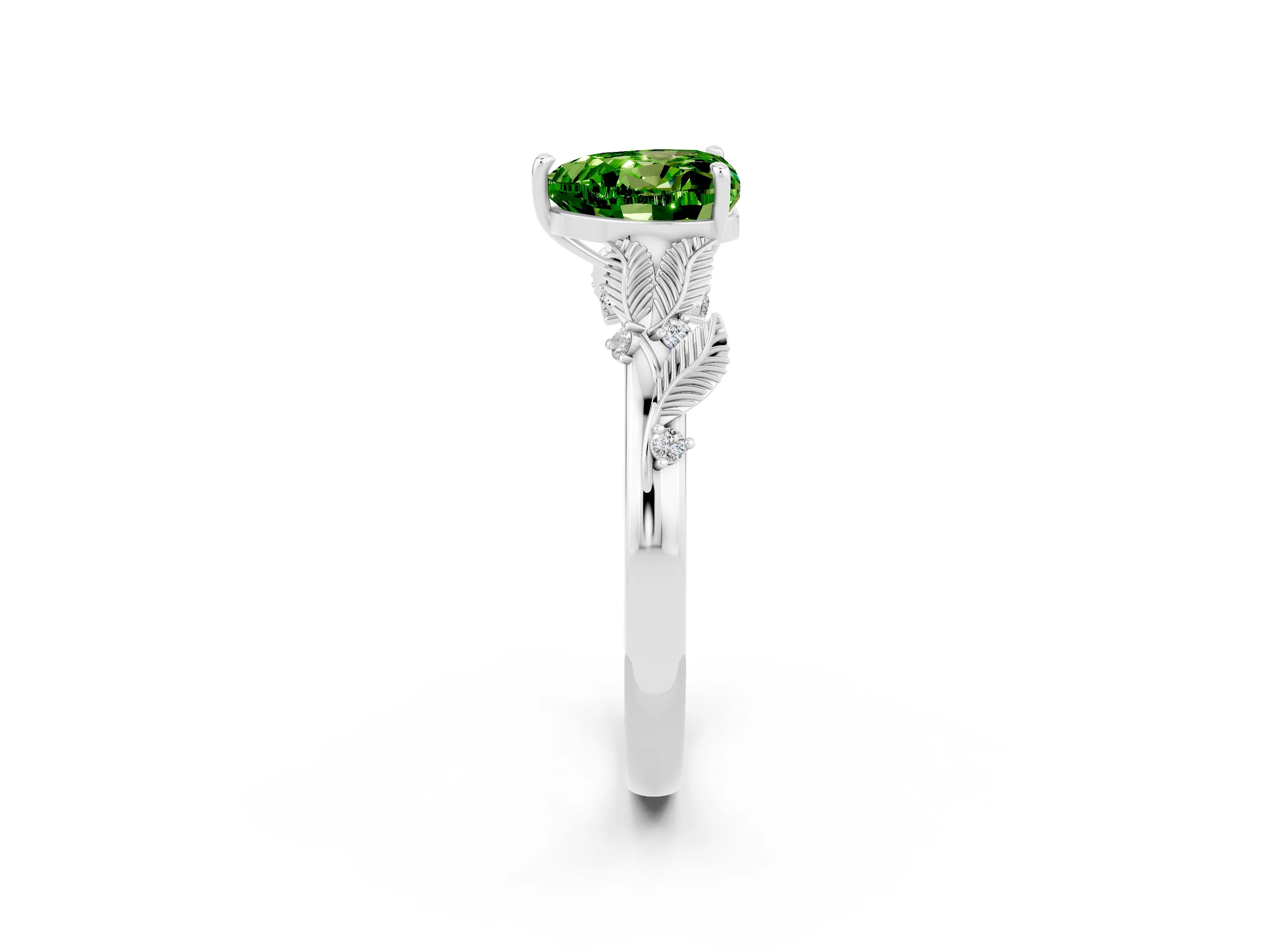 White gold Heart Cut Peridot Solitaire Ring with Leaf Motif Band and Four-Prong Setting_2