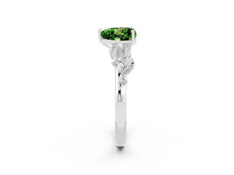 White gold Heart Cut Peridot Solitaire Ring with Leaf Motif Band and Four-Prong Setting_2