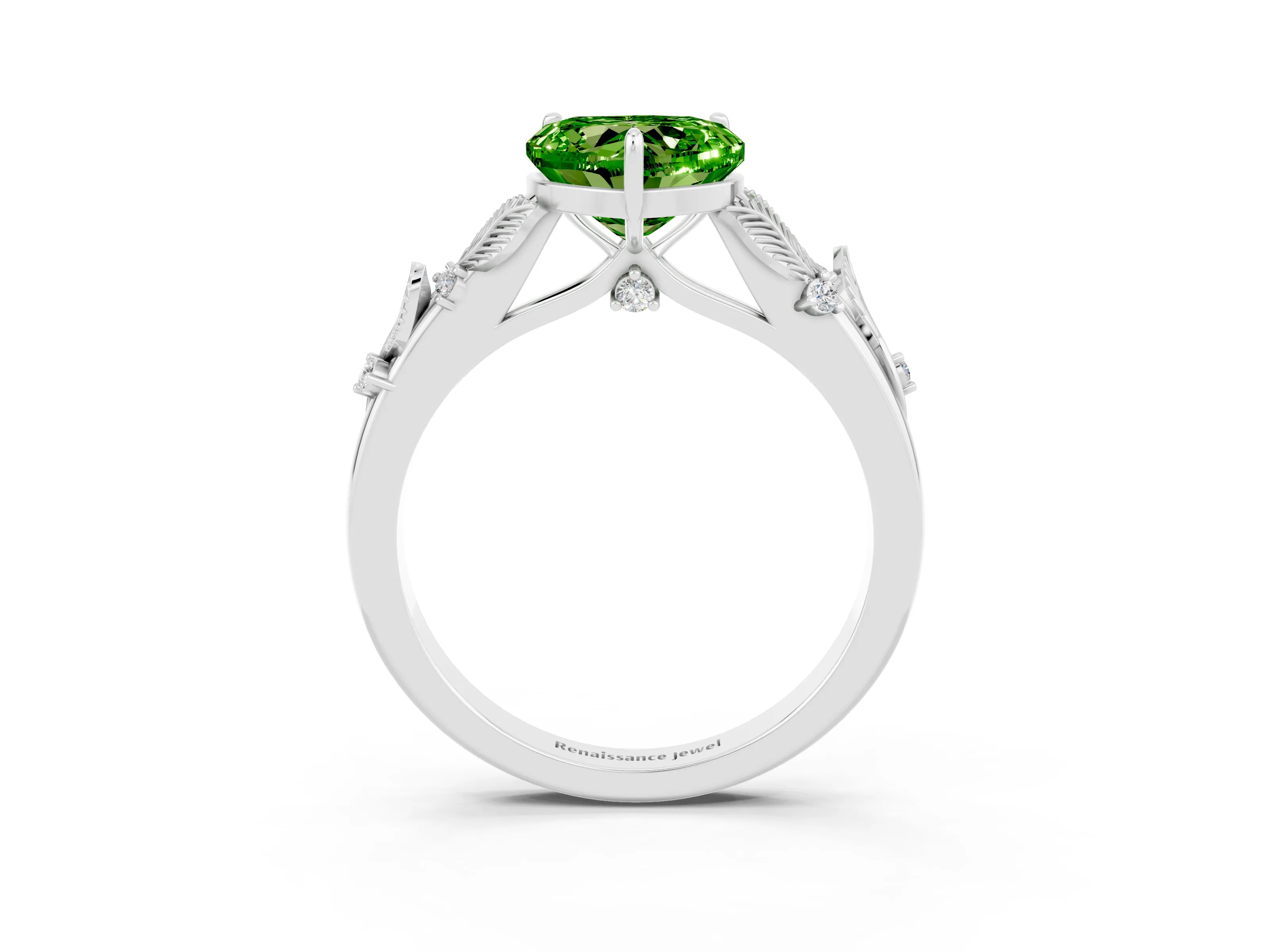 White gold Heart Cut Peridot Solitaire Ring with Leaf Motif Band and Four-Prong Setting_3
