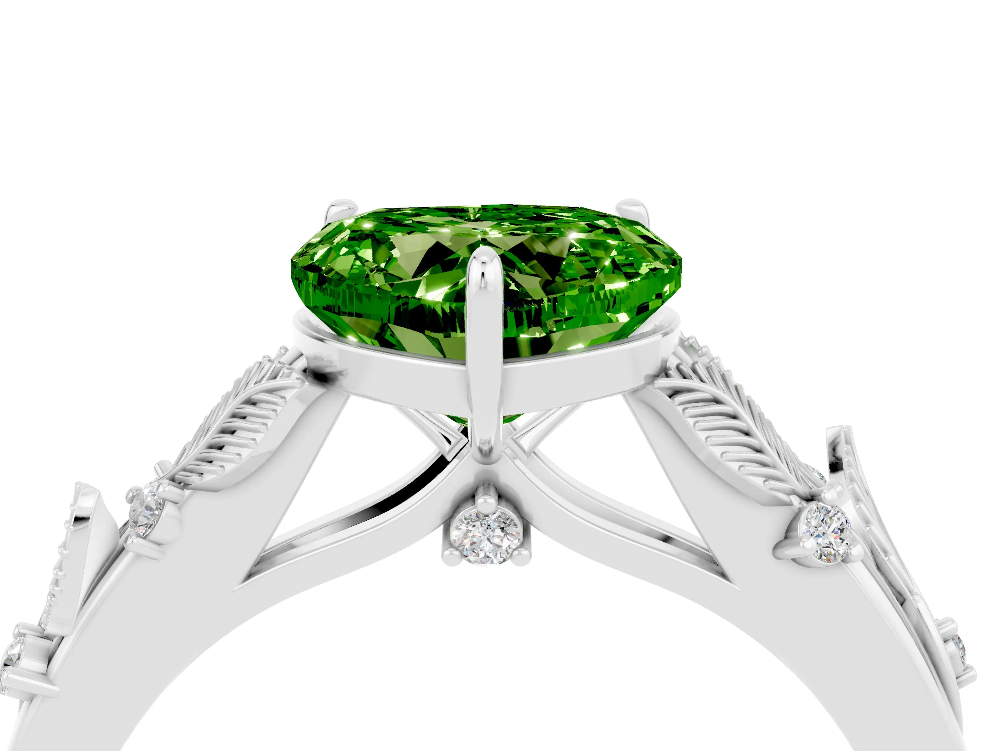 White gold Heart Cut Peridot Solitaire Ring with Leaf Motif Band and Four-Prong Setting_4