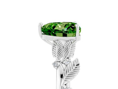 White gold Heart Cut Peridot Solitaire Ring with Leaf Motif Band and Four-Prong Setting_5