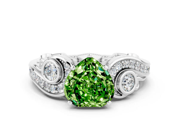 Platinum Heart Cut Peridot Solitaire Ring with Milgrain Pavé Band and Four-Prong Setting