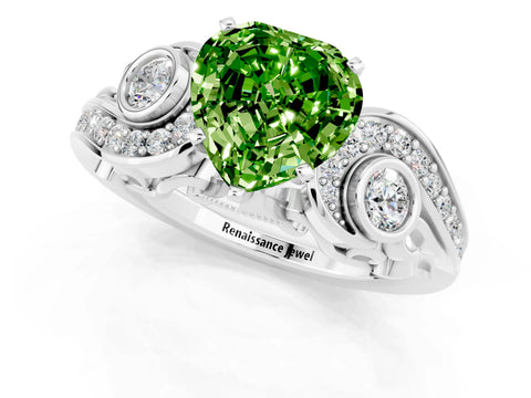 White gold Heart Cut Peridot Solitaire Ring with Milgrain Pavé Band and Four-Prong Setting_13