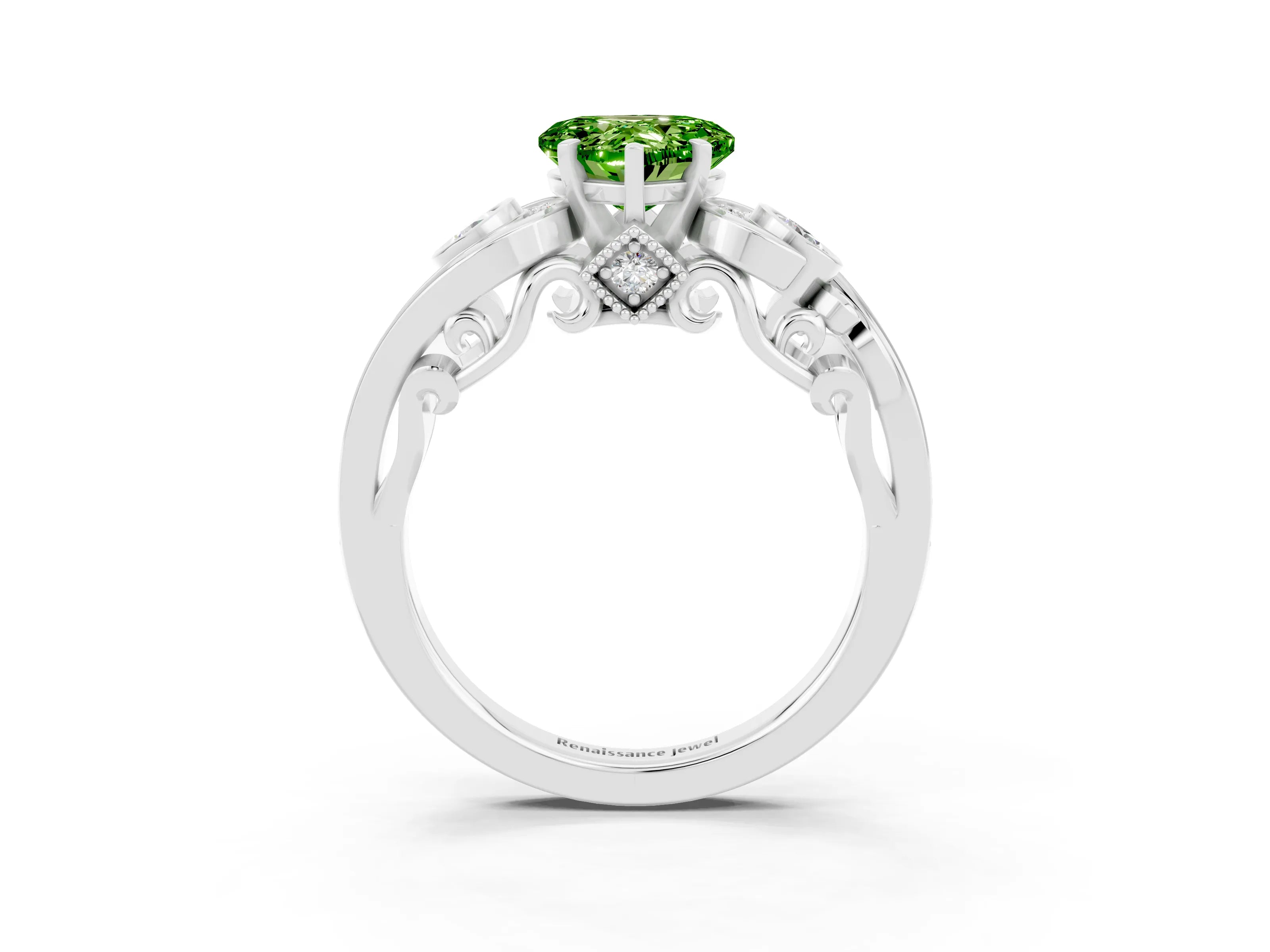 White gold Heart Cut Peridot Solitaire Ring with Milgrain Pavé Band and Four-Prong Setting_15