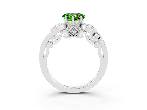 Silver Heart Cut Peridot Solitaire Ring with Milgrain Pavé Band and Four-Prong Setting