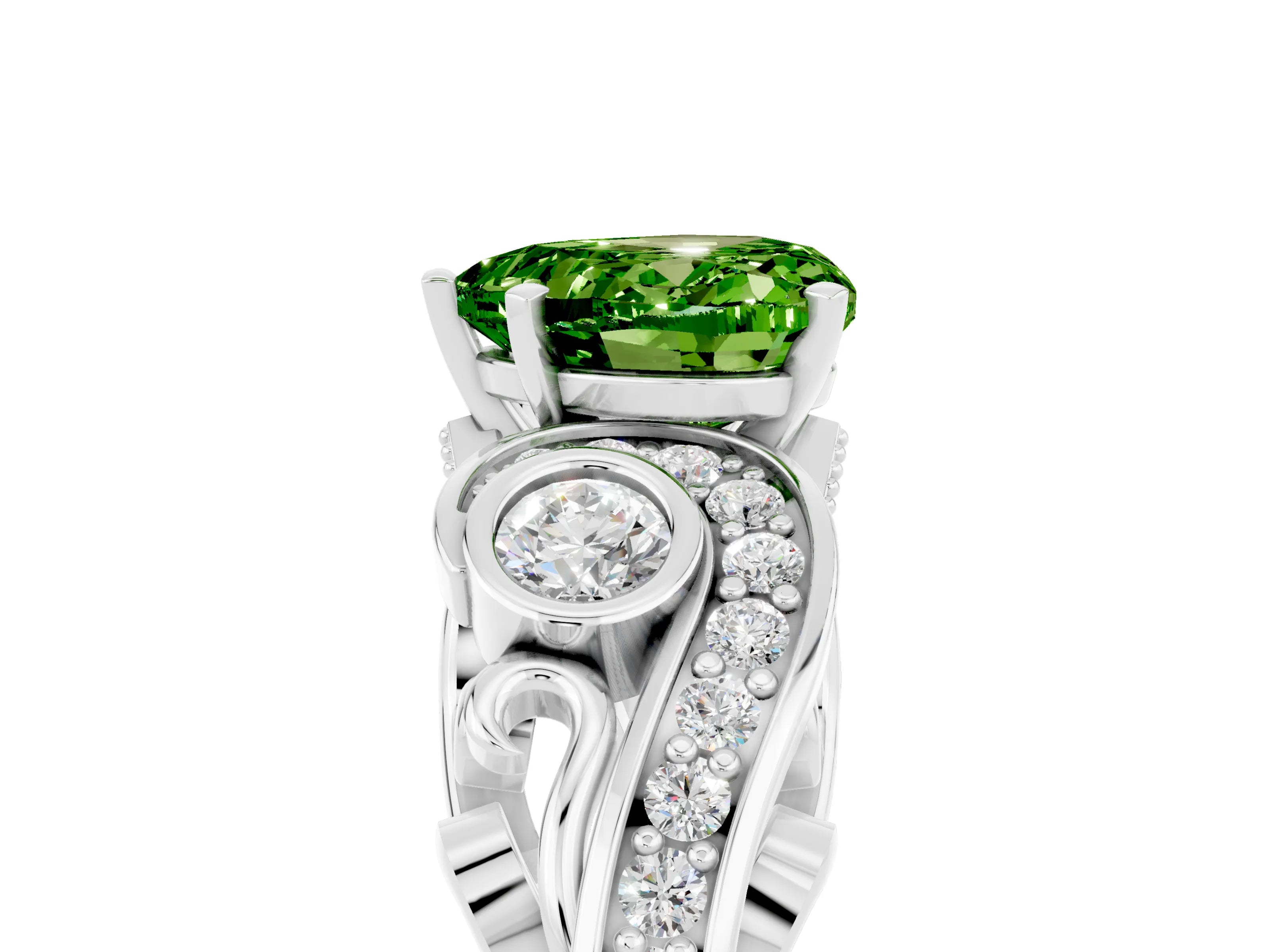 White gold Heart Cut Peridot Solitaire Ring with Milgrain Pavé Band and Four-Prong Setting_17