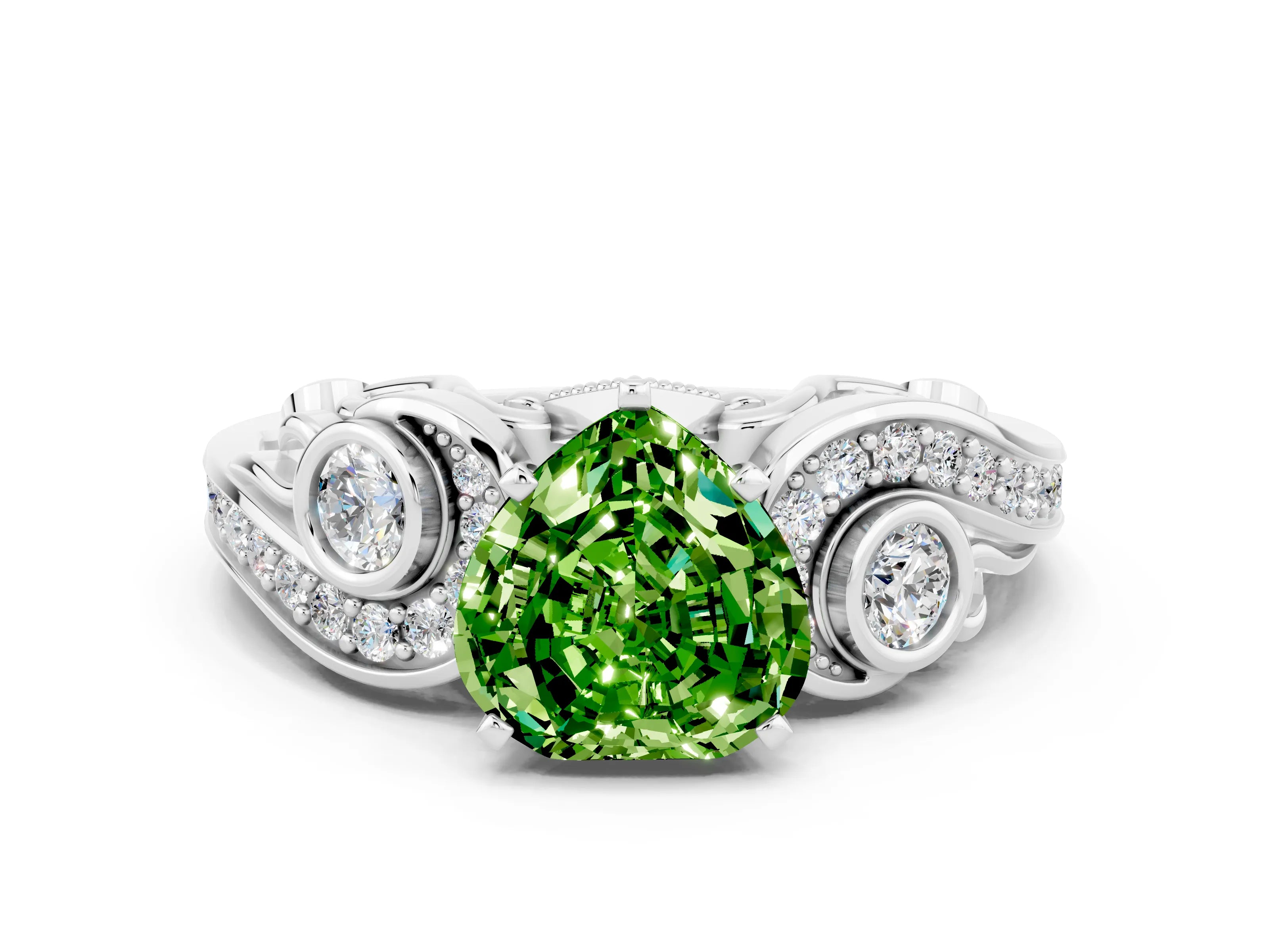 White gold Heart Cut Peridot Solitaire Ring with Milgrain Pavé Band and Four-Prong Setting_48