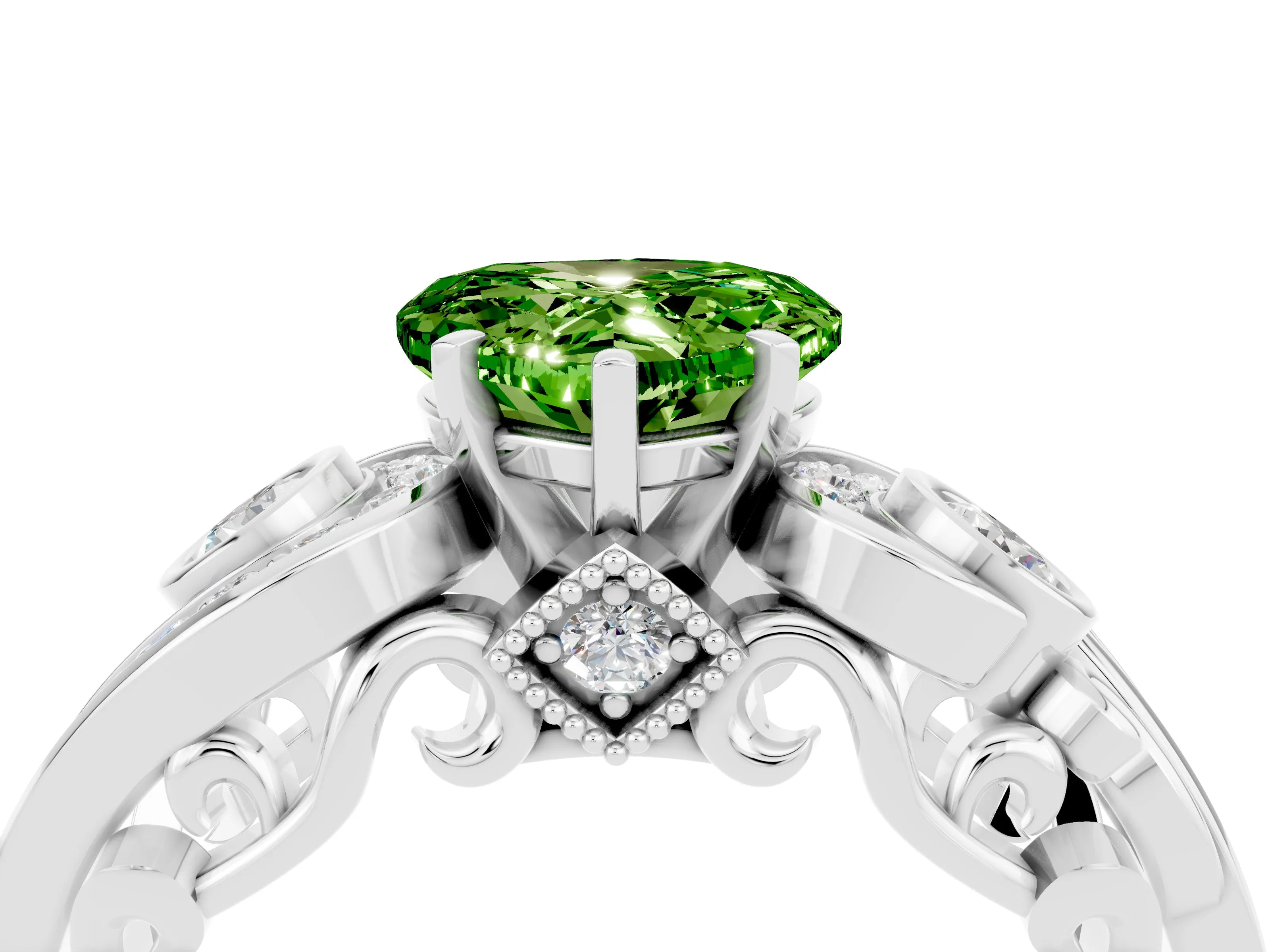 White gold Heart Cut Peridot Solitaire Ring with Milgrain Pavé Band and Four-Prong Setting_52
