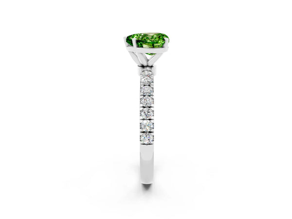 Platinum Heart Cut Peridot Solitaire Ring with Pavé Accents and Four-Prong Setting