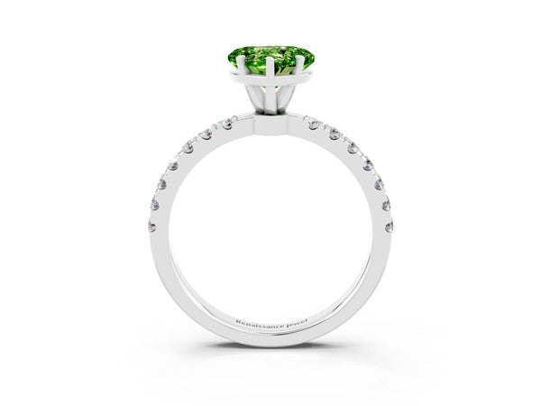 Silver Heart Cut Peridot Solitaire Ring with Pavé Accents and Four-Prong Setting