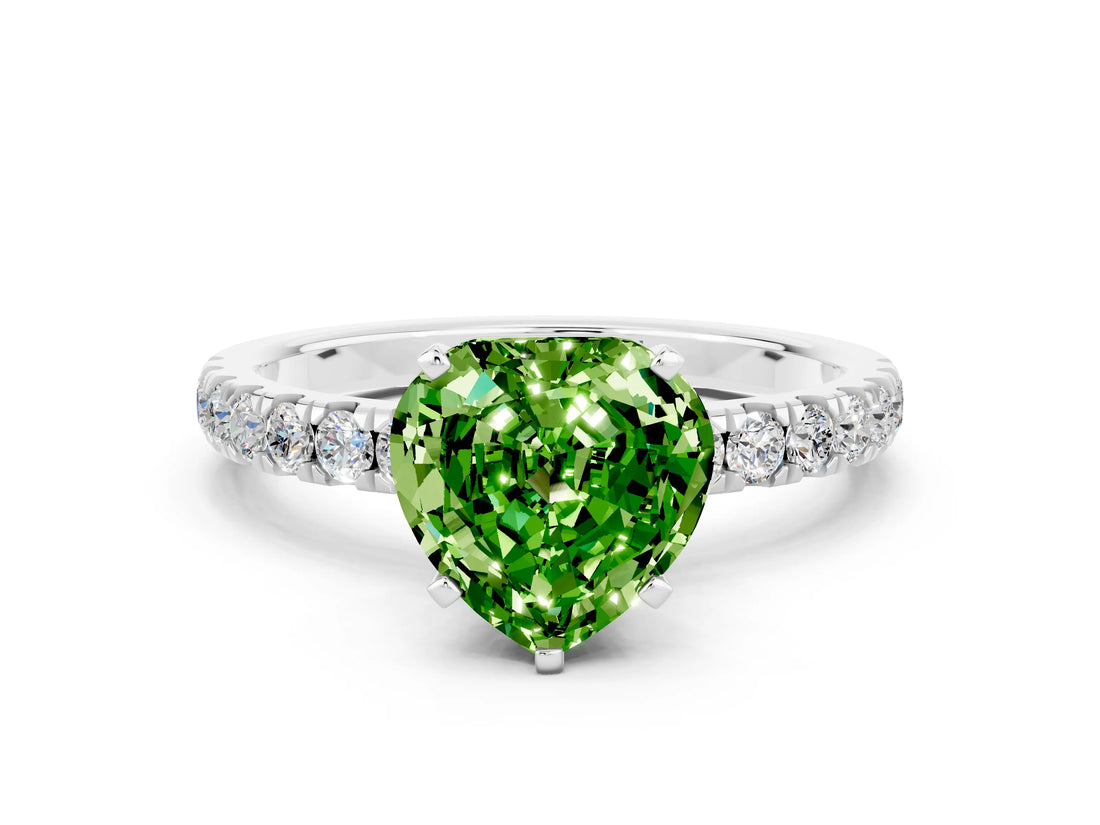 White gold Heart Cut Peridot Solitaire Ring with Pavé Accents and Four-Prong Setting
