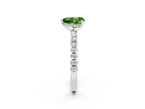 Platinum Heart Cut Peridot Solitaire Ring with Round  Pavé Band and Four-Prong Setting