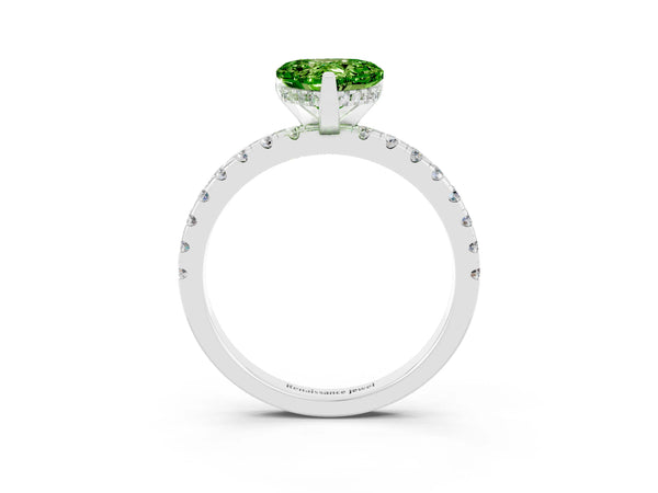 Platinum Heart Cut Peridot Solitaire Ring with Round  Pavé Band and Four-Prong Setting
