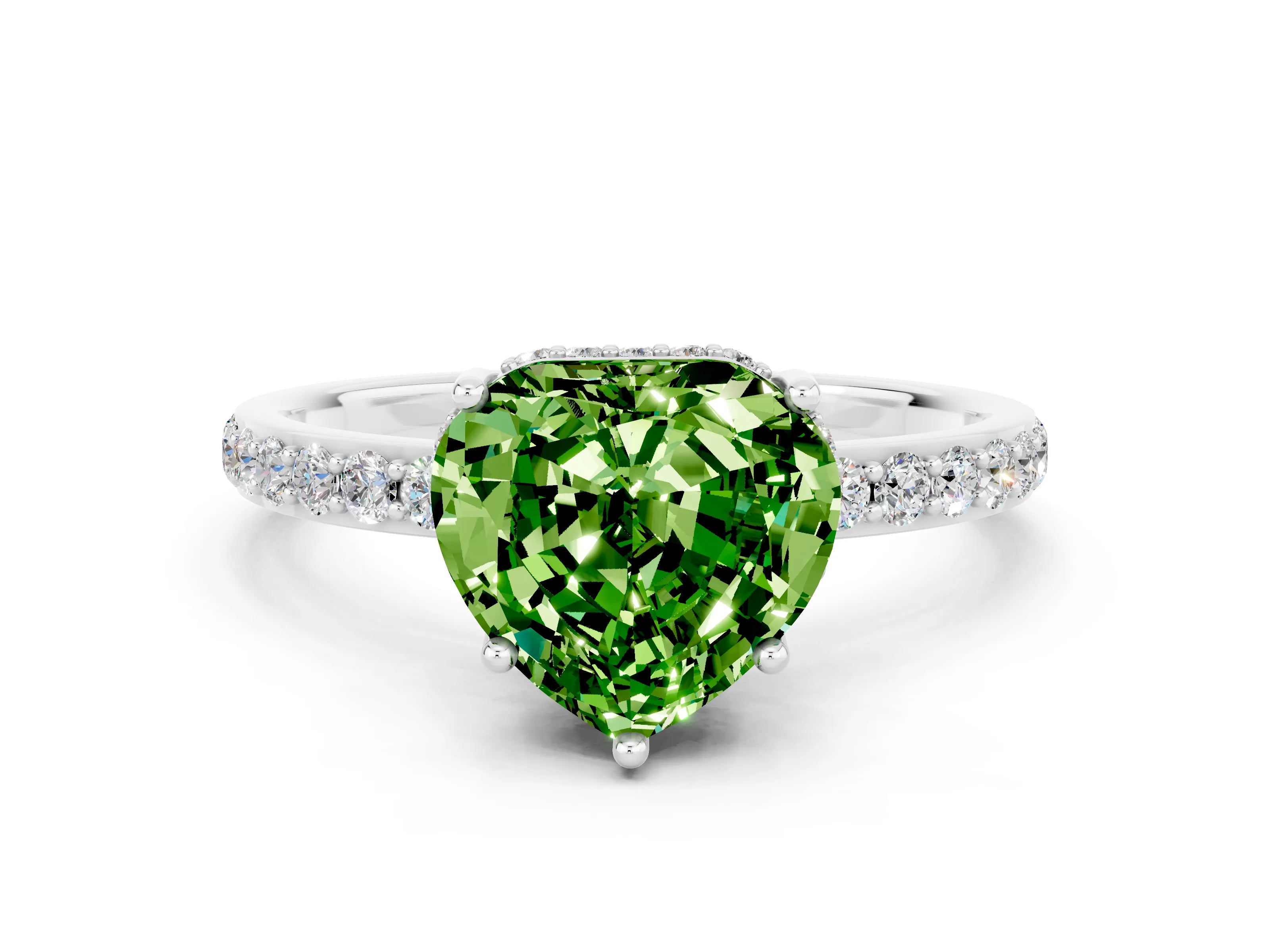 White gold Heart Cut Peridot Solitaire Ring with Pavé Band and Hidden Halo_12