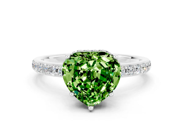 Platinum Heart Cut Peridot Solitaire Ring with Pavé Band and Hidden Halo