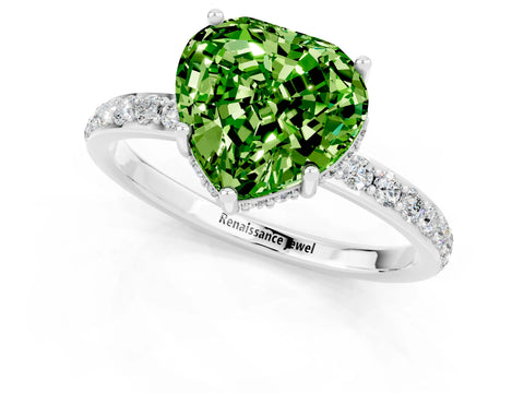 White gold Heart Cut Peridot Solitaire Ring with Pavé Band and Hidden Halo_13