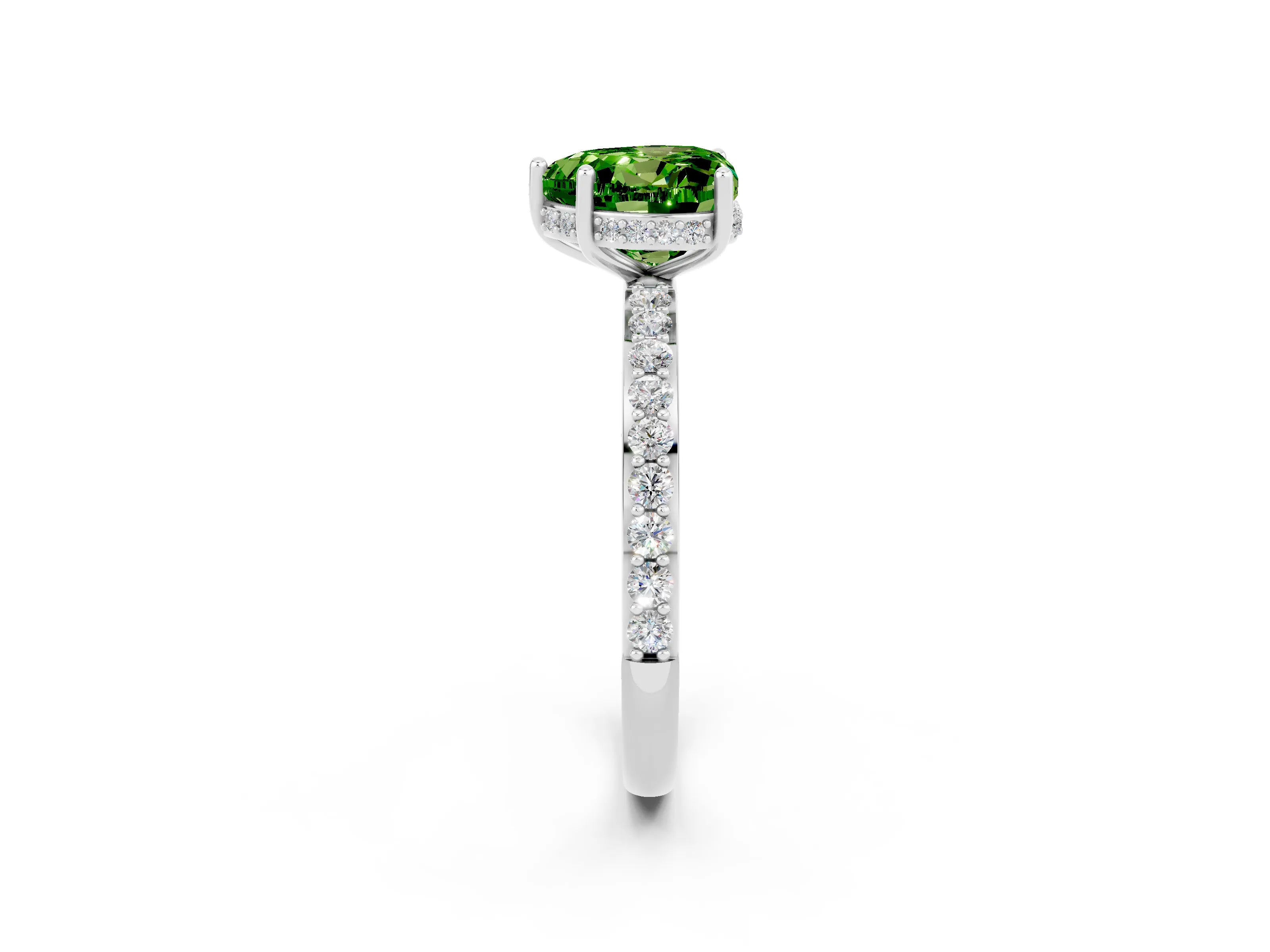 White gold Heart Cut Peridot Solitaire Ring with Pavé Band and Hidden Halo_14