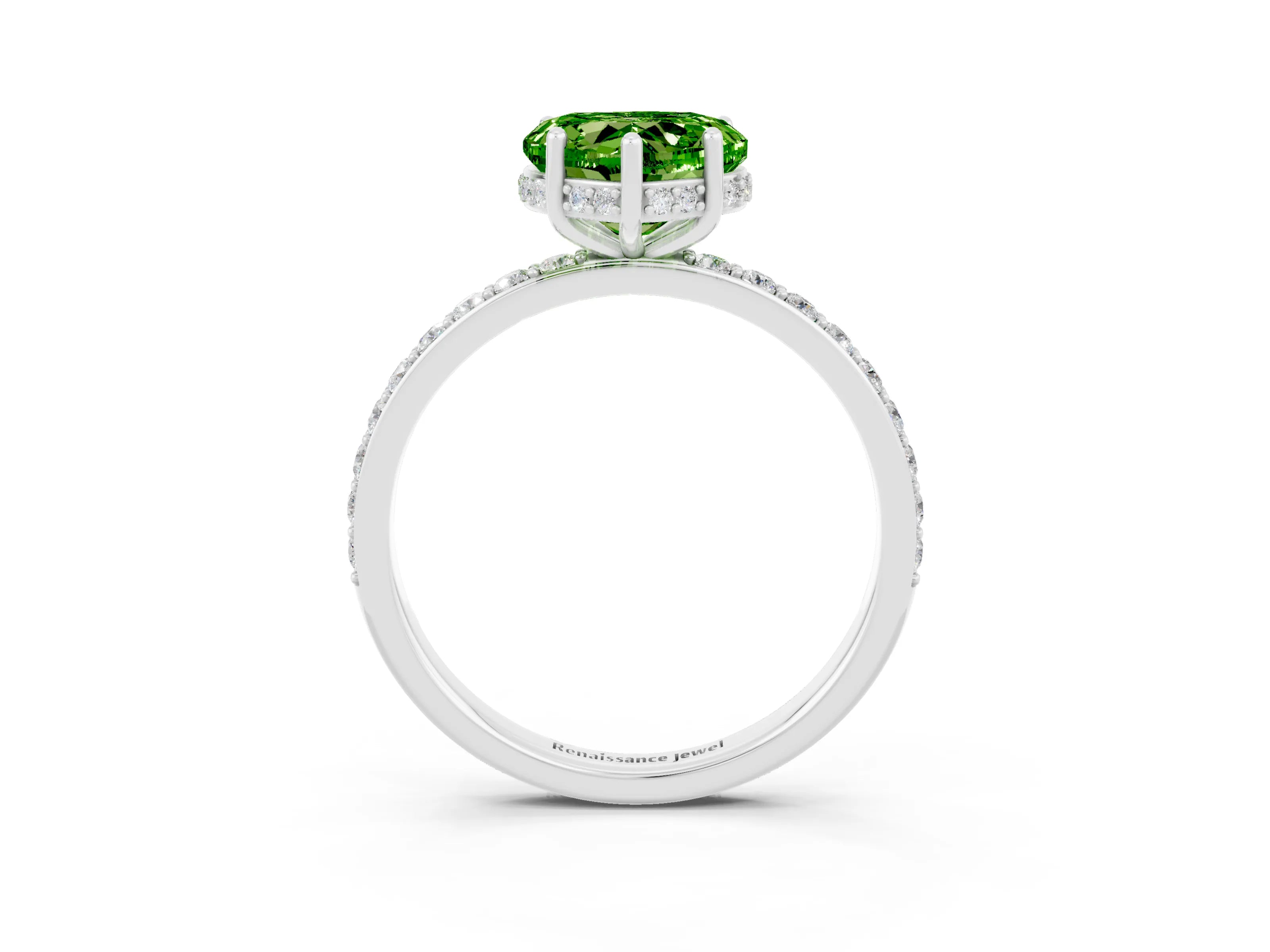 White gold Heart Cut Peridot Solitaire Ring with Pavé Band and Hidden Halo_15