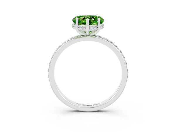 Silver Heart Cut Peridot Solitaire Ring with Pavé Band and Hidden Halo