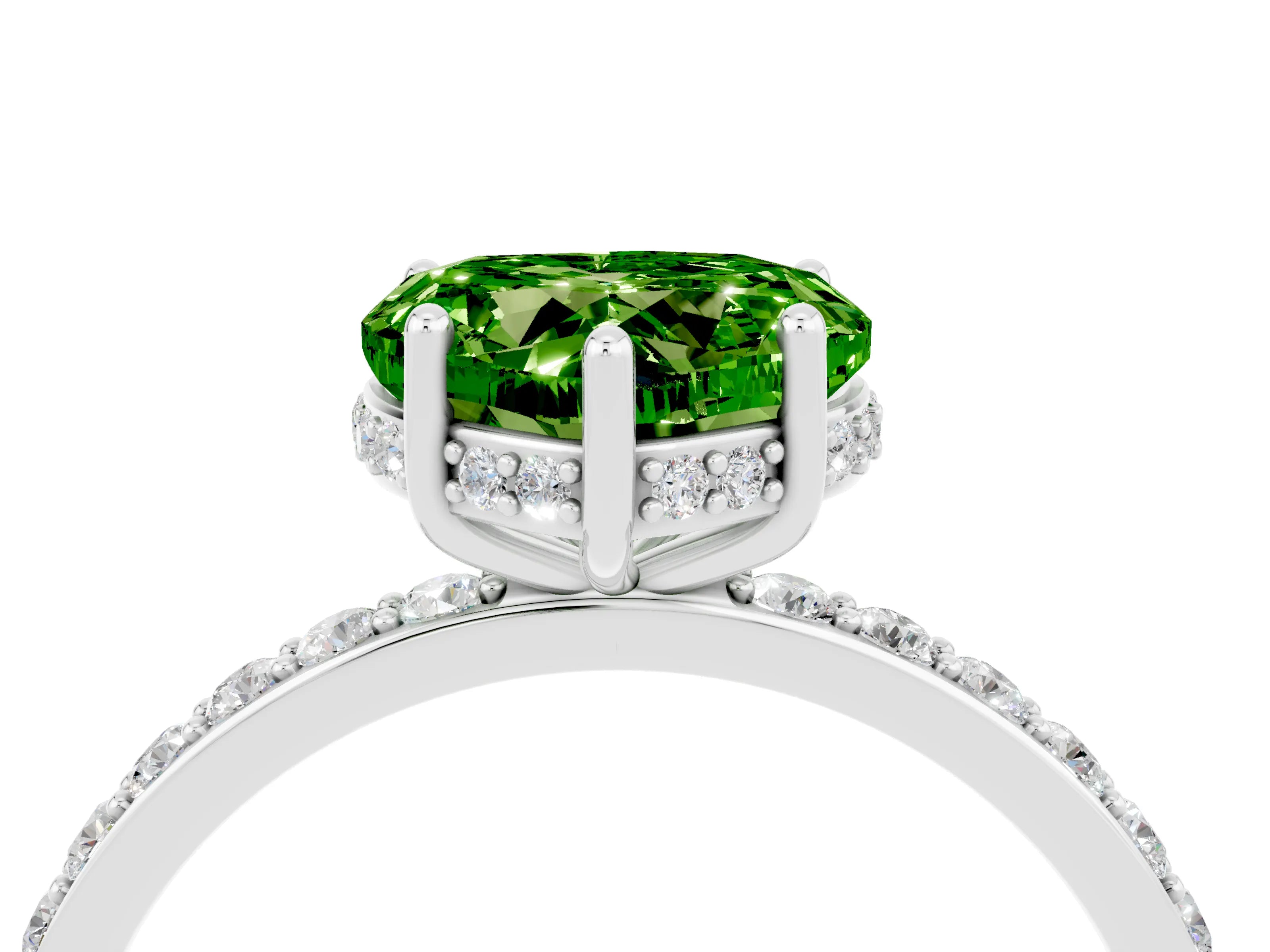 White gold Heart Cut Peridot Solitaire Ring with Pavé Band and Hidden Halo_16