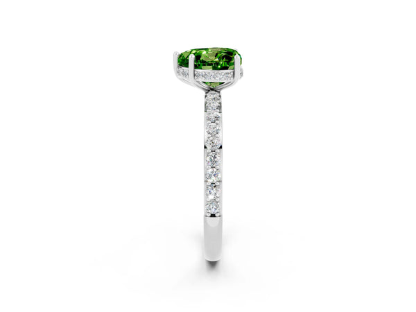 White gold Heart Cut Peridot Solitaire Ring with Pavé Band and Hidden Halo