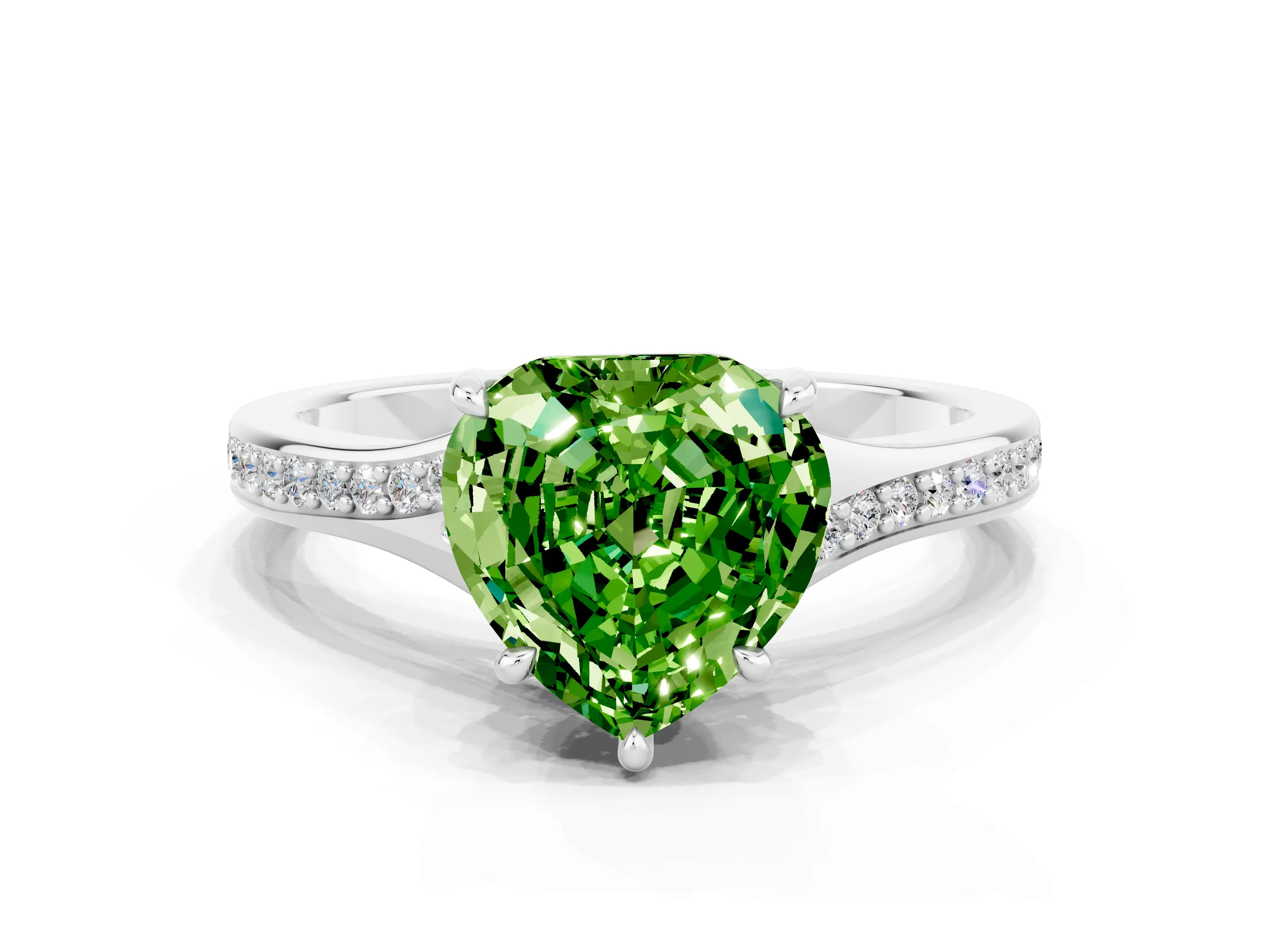 White gold Heart Cut Peridot Solitaire Ring with Pavé Band and Prong Setting